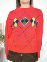 Load image into Gallery viewer, Vintage 90s Argyle print Preppy sweater jumper in red
