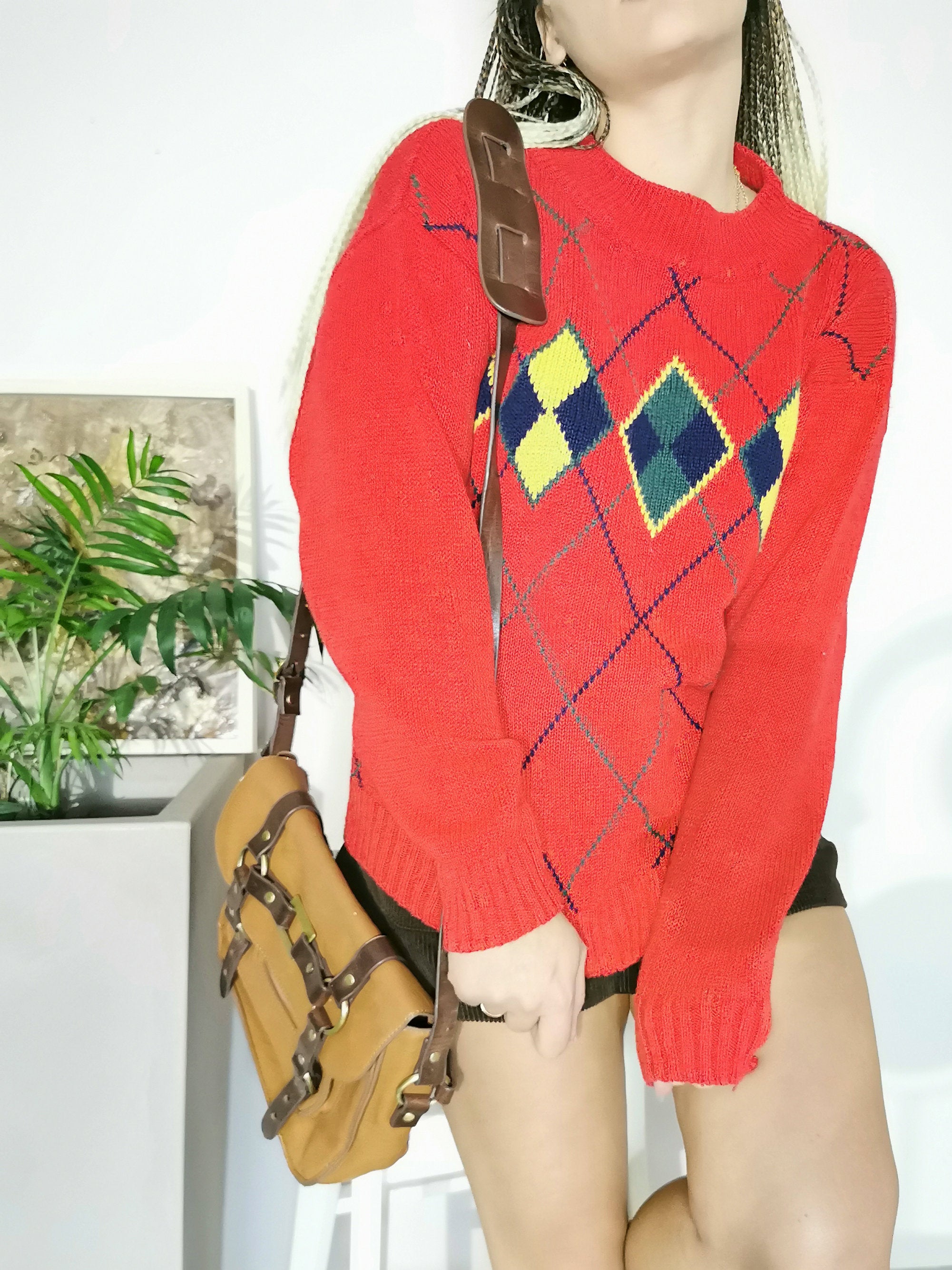 Vintage 90s Argyle print Preppy sweater jumper in red