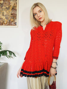 Vintage 70s minimalist knit red crochet handmade tunic top