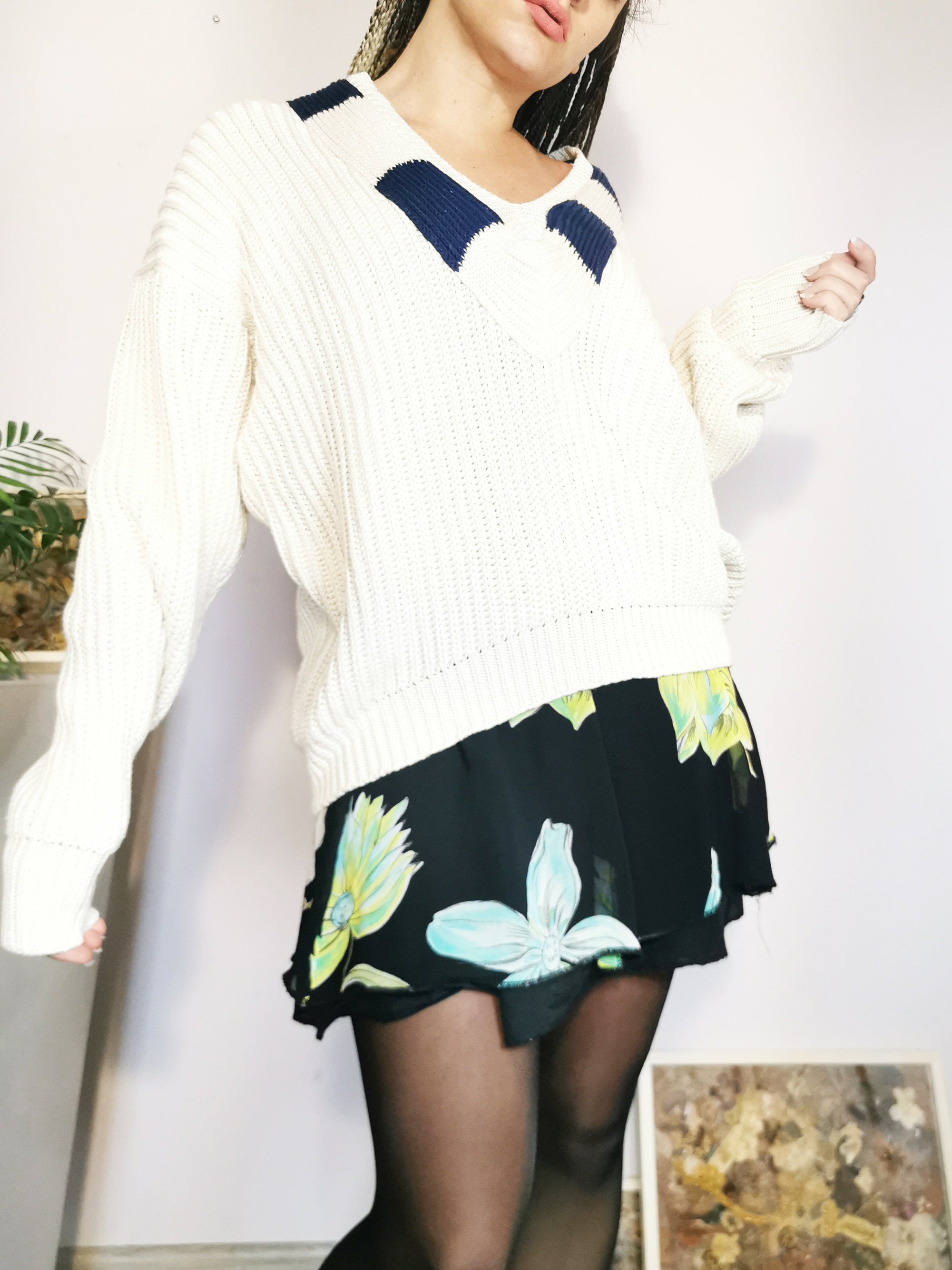 Vintage 90s Preppy off white oversize jumper