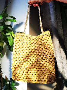 Handmade gold knit crochet small mesh clutch bag