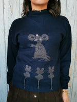 Load image into Gallery viewer, Vintage 80s Mouse pattern high neck navy blue jumper
