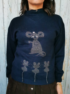 Vintage 80s Mouse pattern high neck navy blue jumper