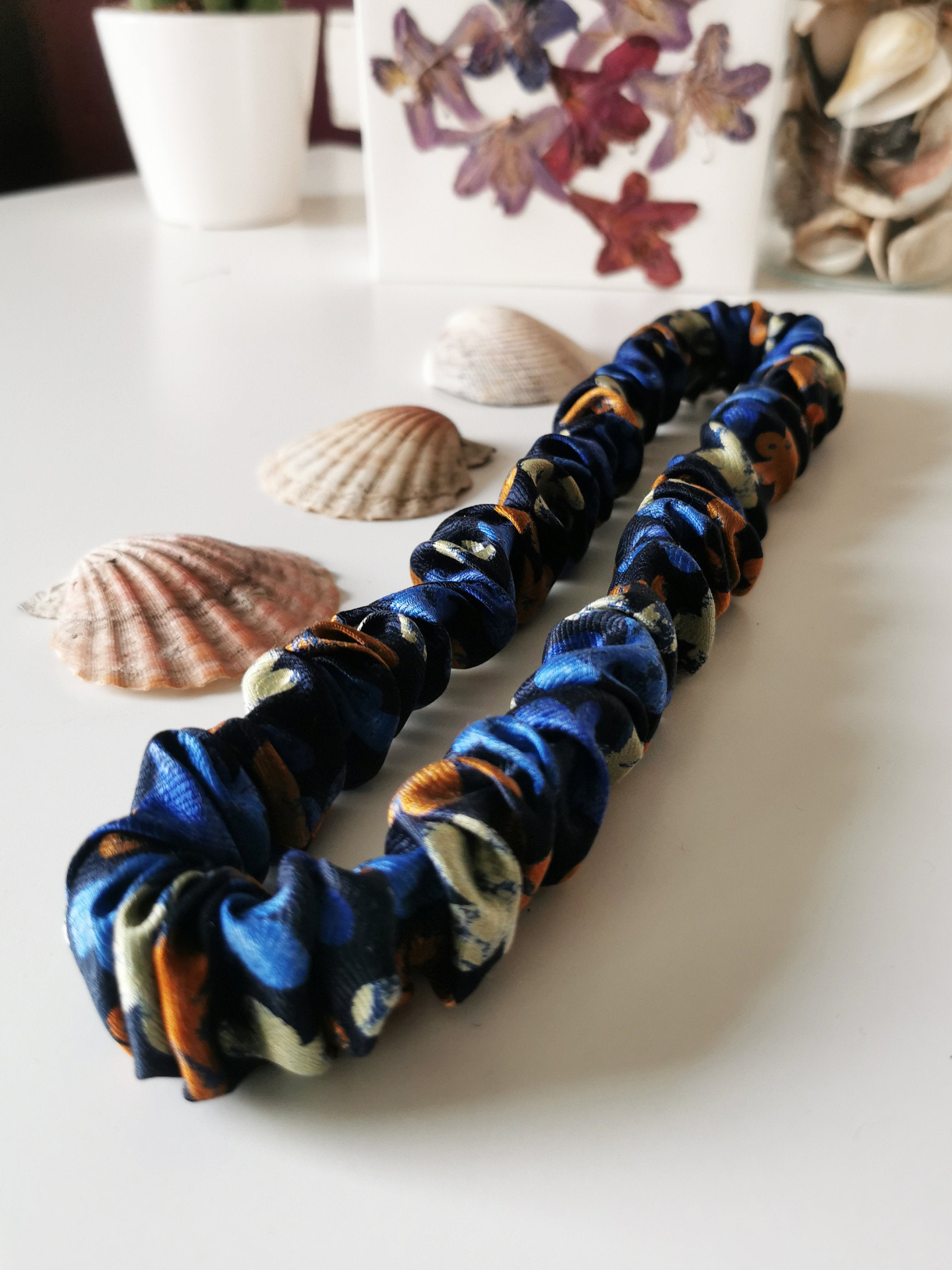 Handmade 100% SILK navy blue floral Bath & SPA hair secure headband