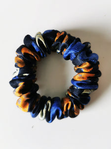 Handmade navy blue floral small 100% SILK hair scrunchy