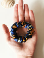 Load image into Gallery viewer, Handmade navy blue floral small 100% SILK hair scrunchy
