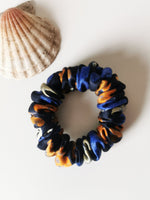 Load image into Gallery viewer, Handmade navy blue floral small 100% SILK hair scrunchy
