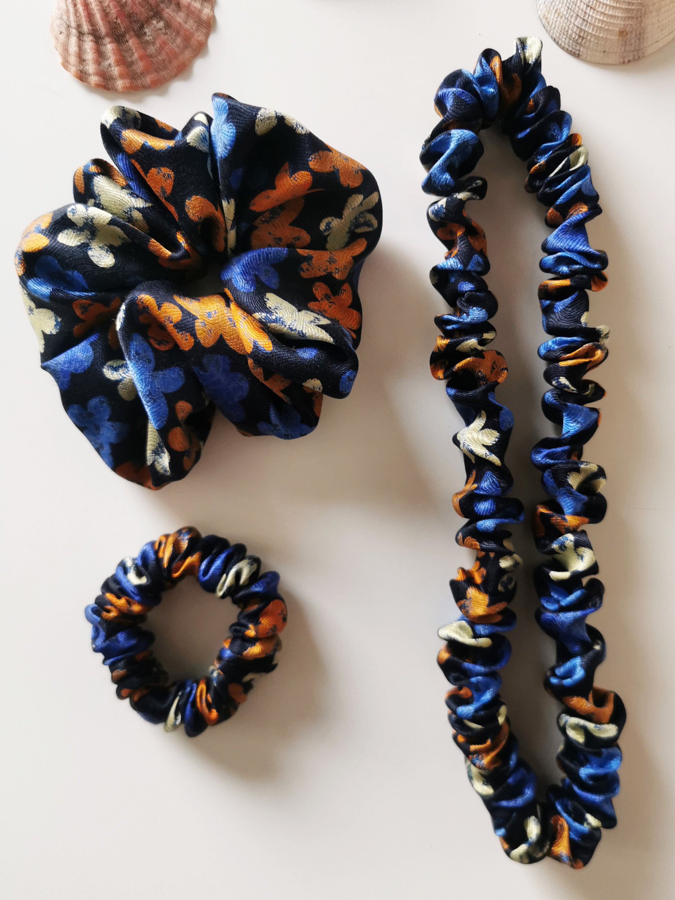 Handmade BIG navy blue floral 100% SILK hair scrunchy