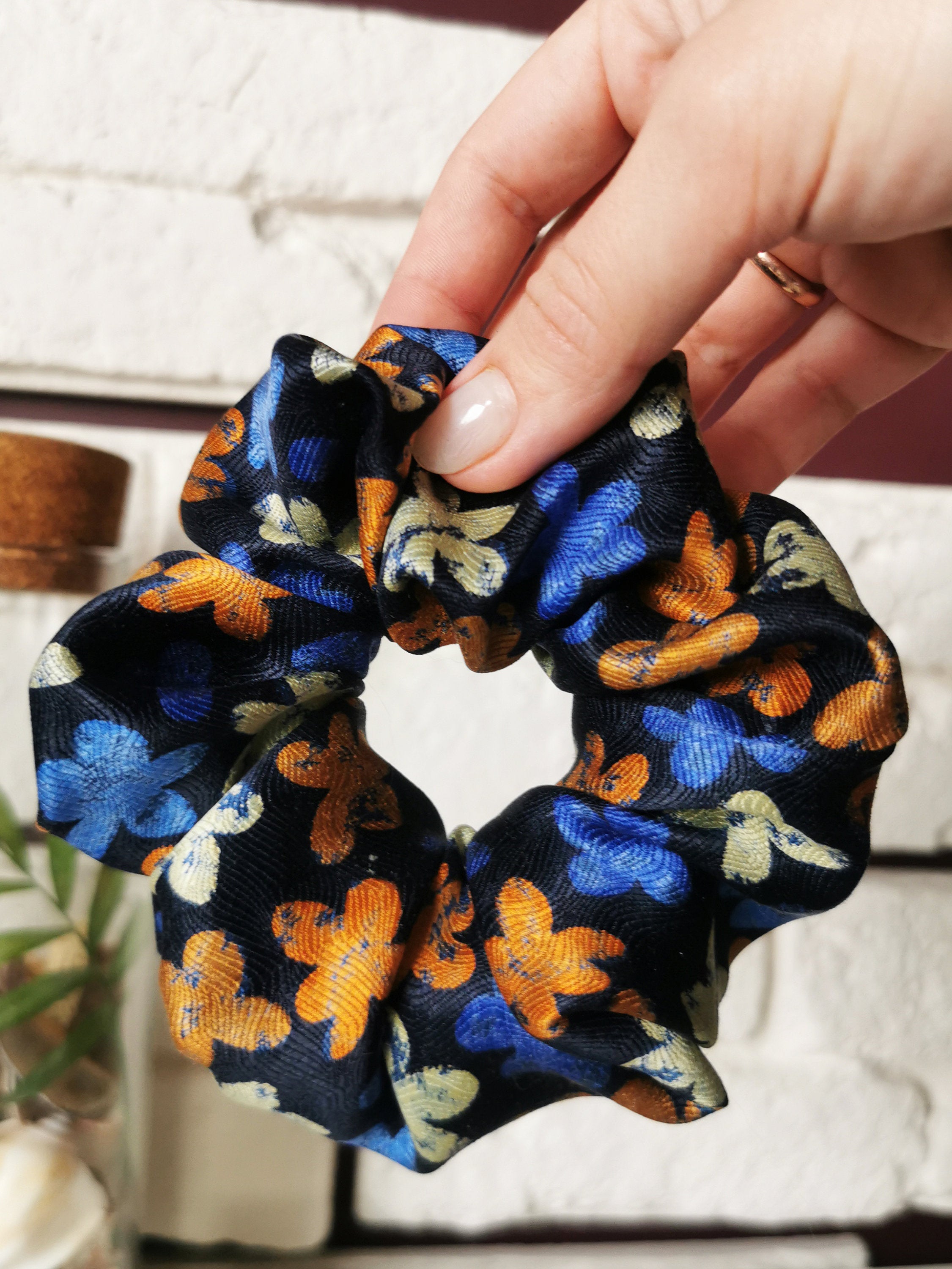 Handmade BIG navy blue floral 100% SILK hair scrunchy