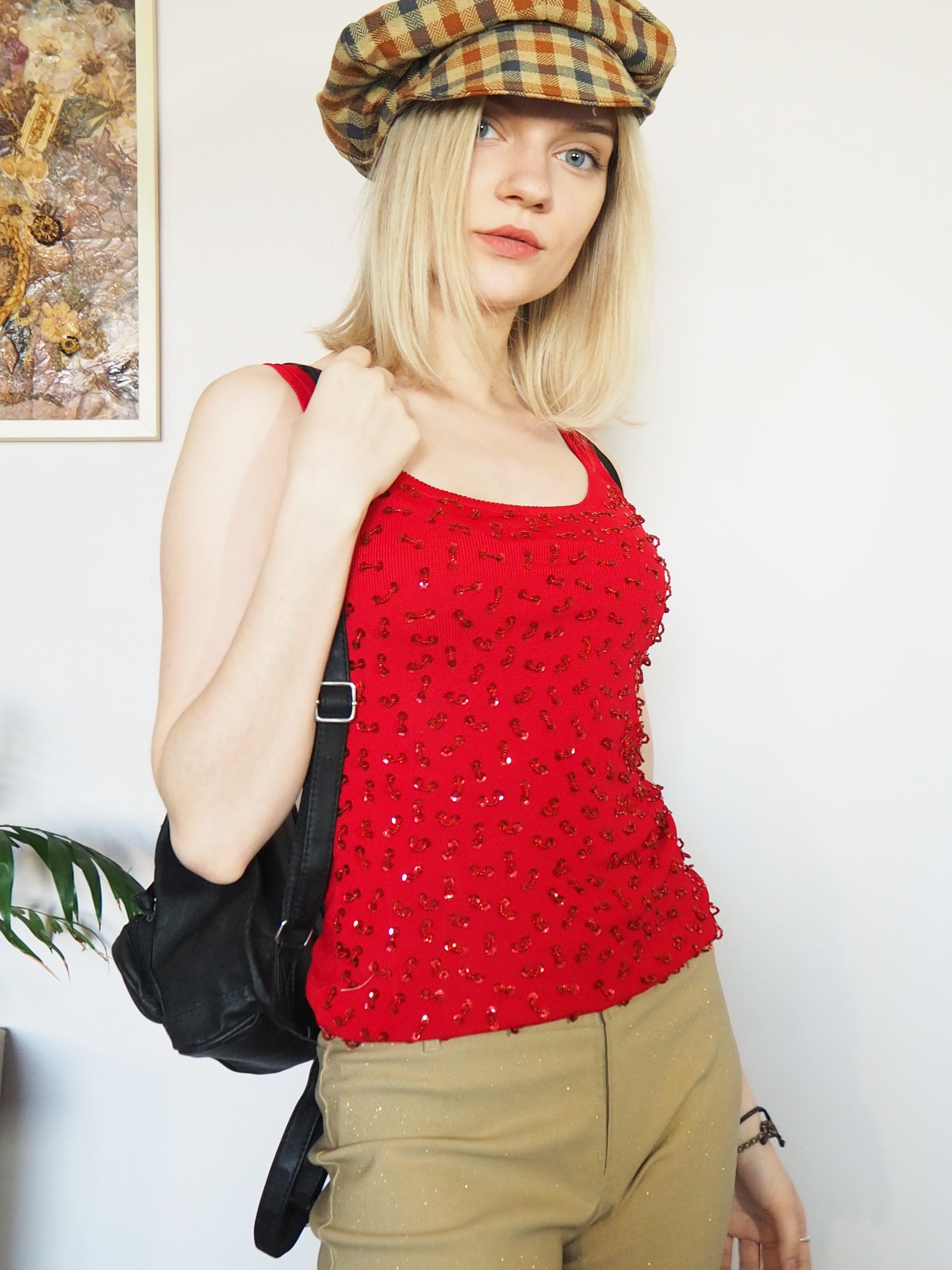 Vintage 90s  sequin beaded knit top in red