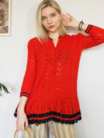 Load image into Gallery viewer, Vintage 70s minimalist knit red crochet handmade tunic top
