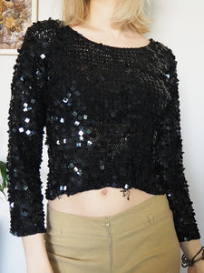 Vintage 90s sequin beaded black shimmer knitted crop top