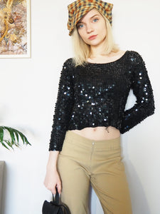 Vintage 90s sequin beaded black shimmer knitted crop top