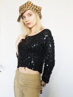 Load image into Gallery viewer, Vintage 90s sequin beaded black shimmer knitted crop top
