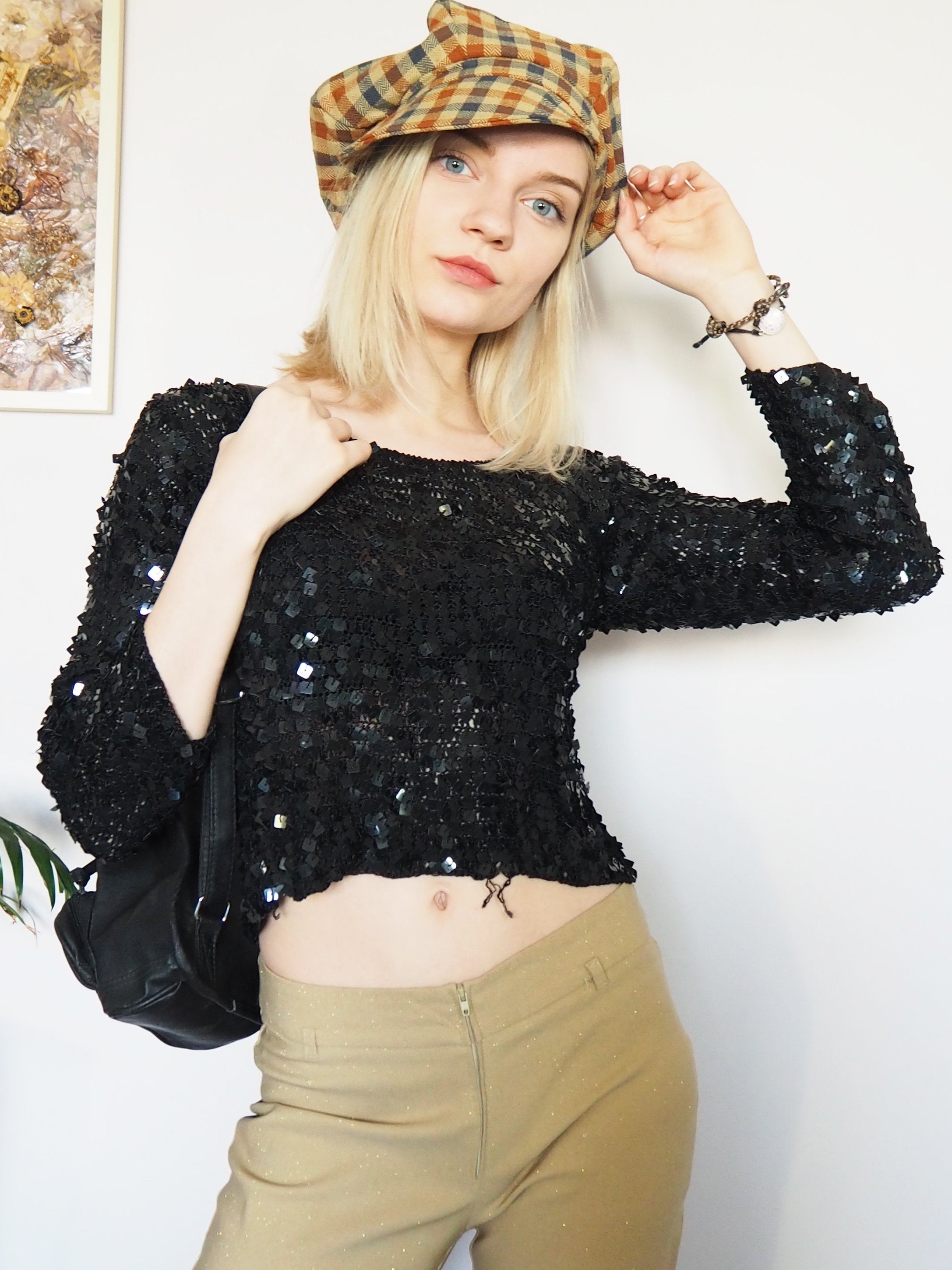 Vintage 90s sequin beaded black shimmer knitted crop top