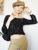 Load image into Gallery viewer, Vintage 90s sequin beaded black shimmer knitted crop top
