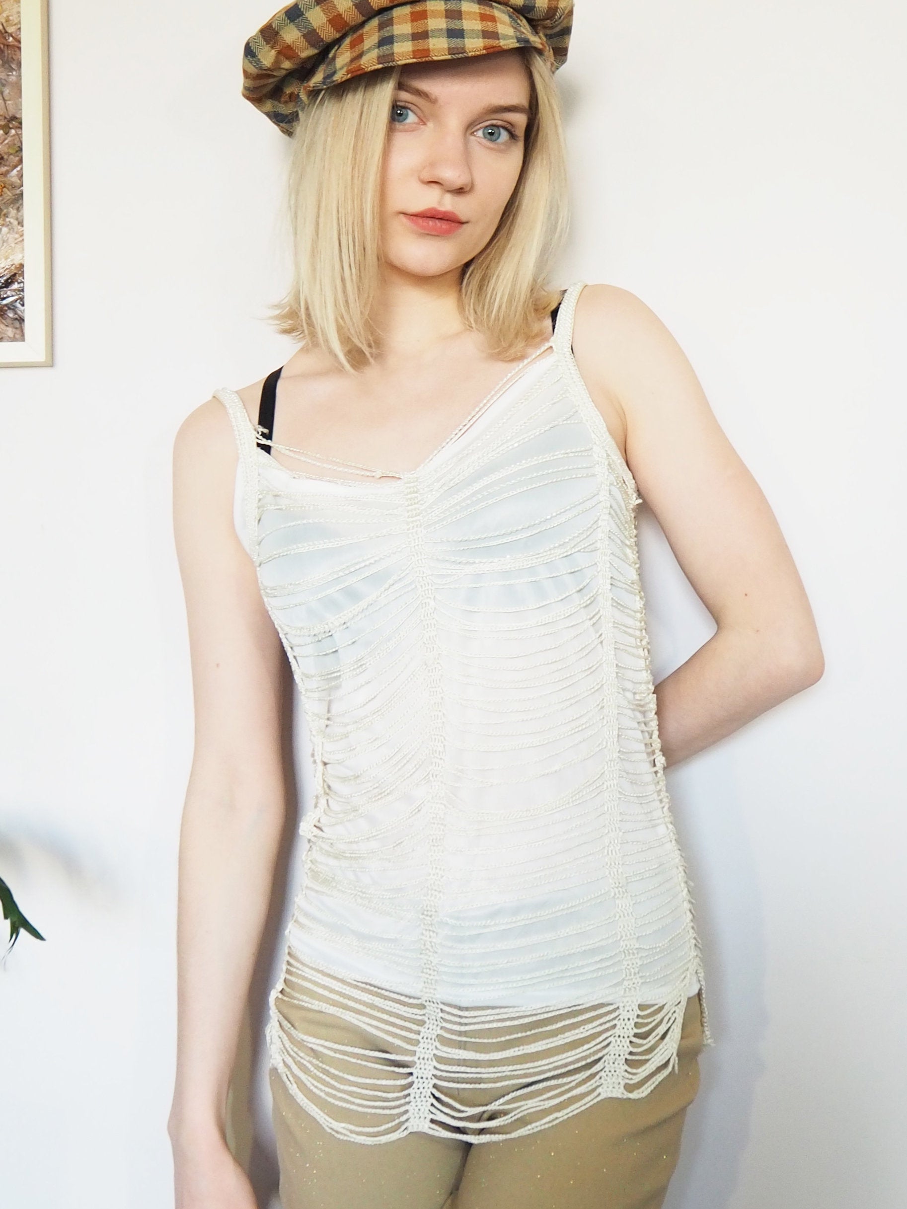 Vintage 90s beaded crochet white party top