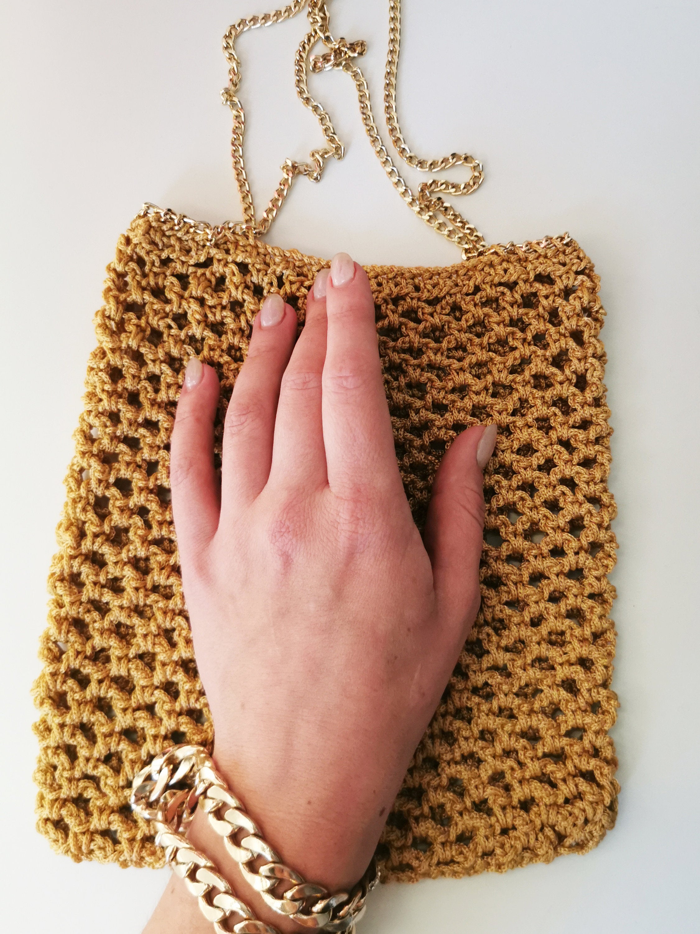 Handmade gold knit crochet small mesh clutch bag