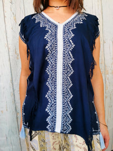 Vintage 90s Bohemian Folk print fringed top tunic blouse