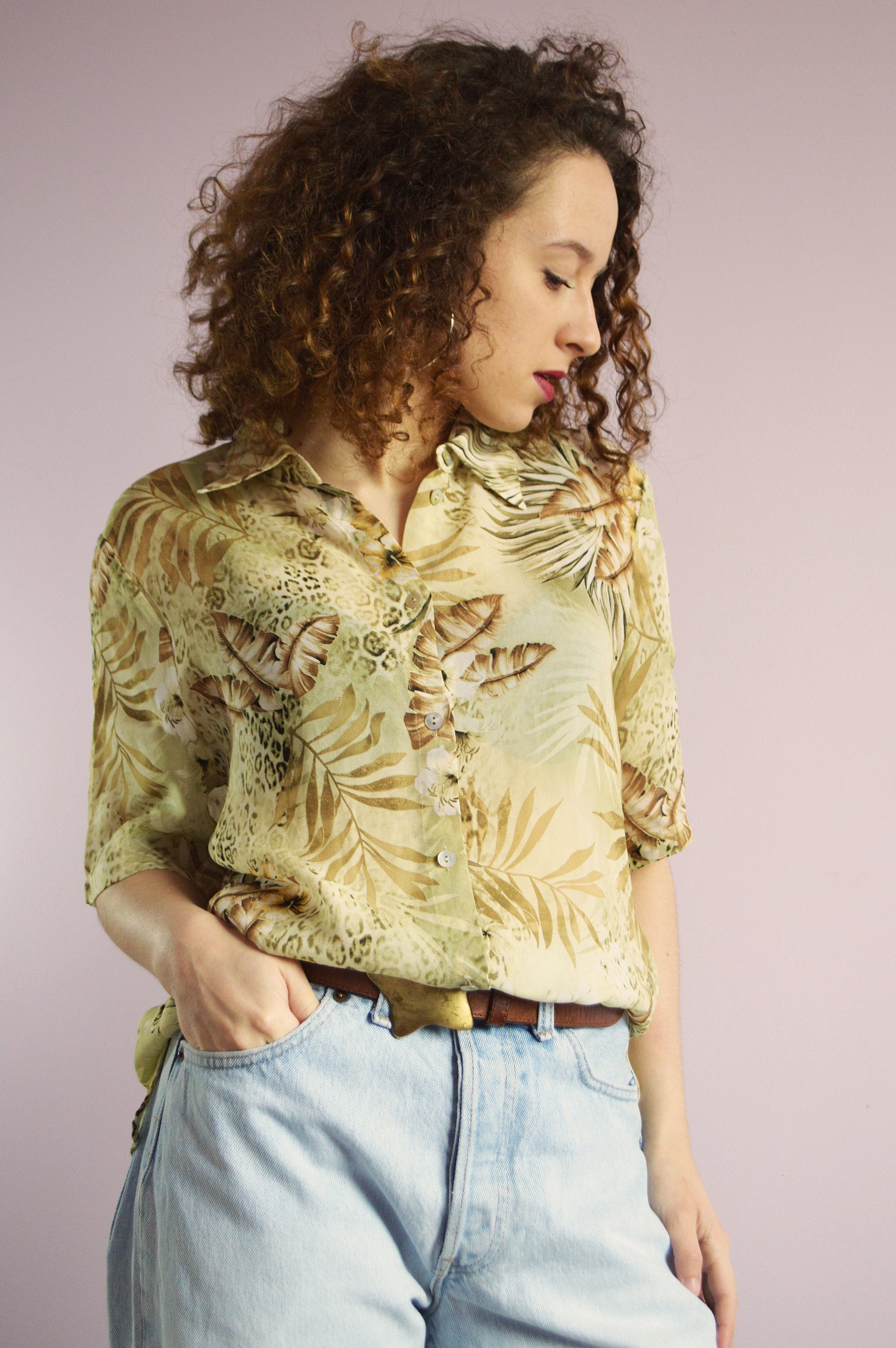 Vintage 80s tropical print see-through oversize blouse top