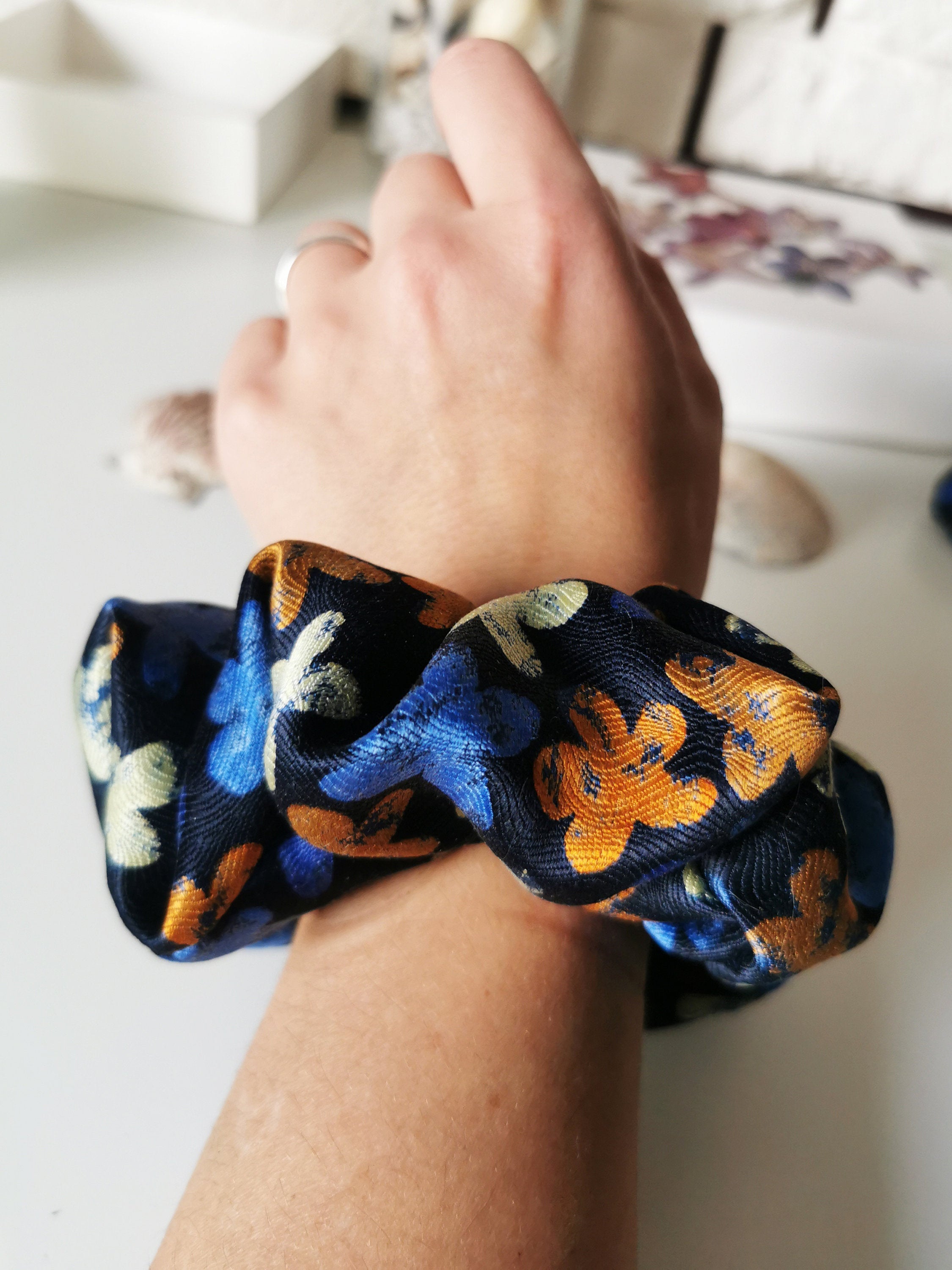 Handmade BIG navy blue floral 100% SILK hair scrunchy