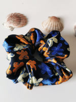 Load image into Gallery viewer, Handmade BIG navy blue floral 100% SILK hair scrunchy
