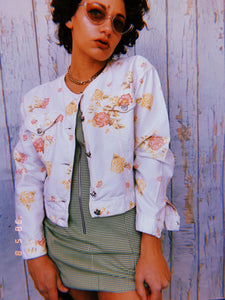Vintage 90s flower print white jeans button down jacket