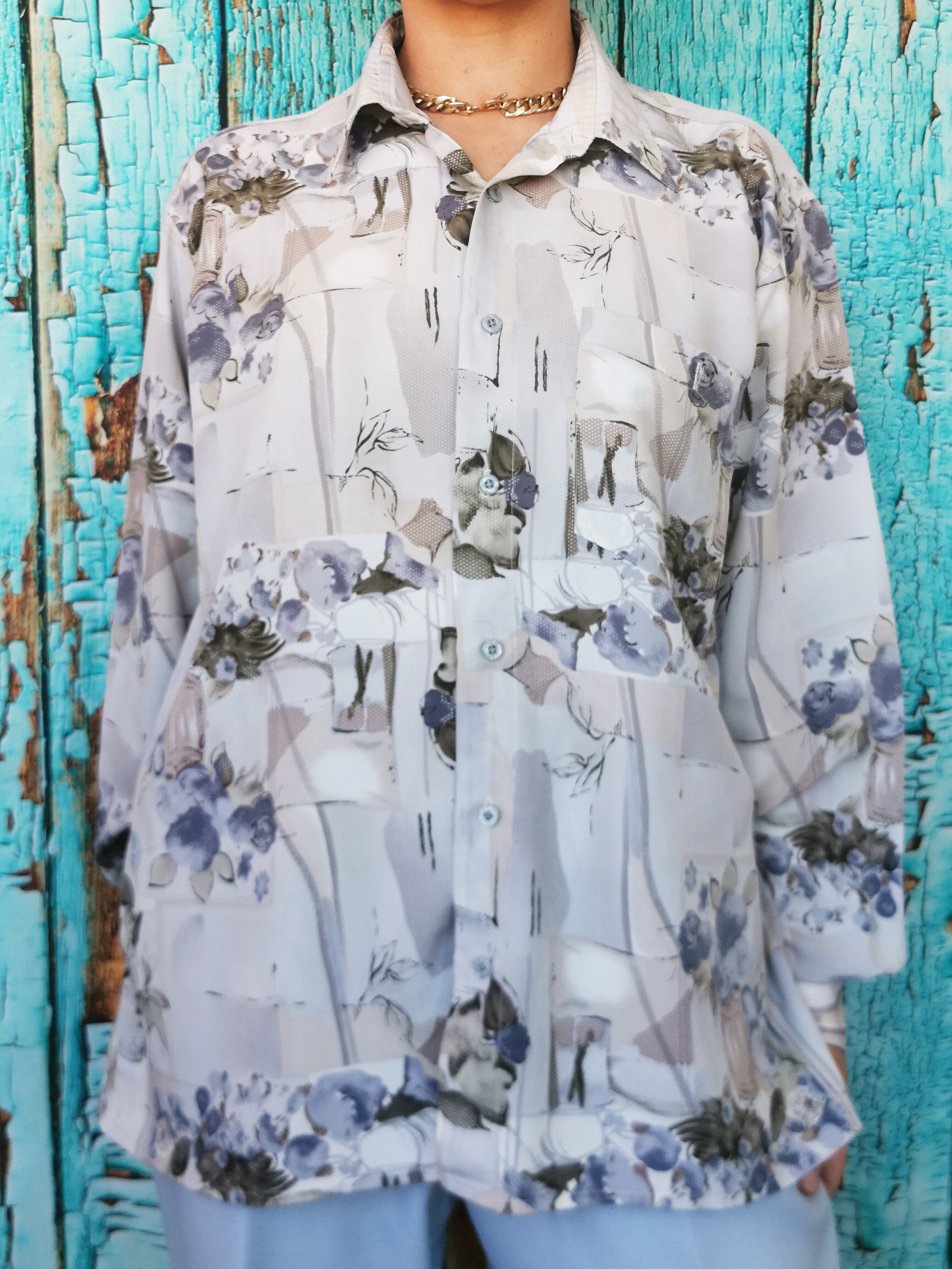 Vintage 80s floral & abstract print neutral women blouse