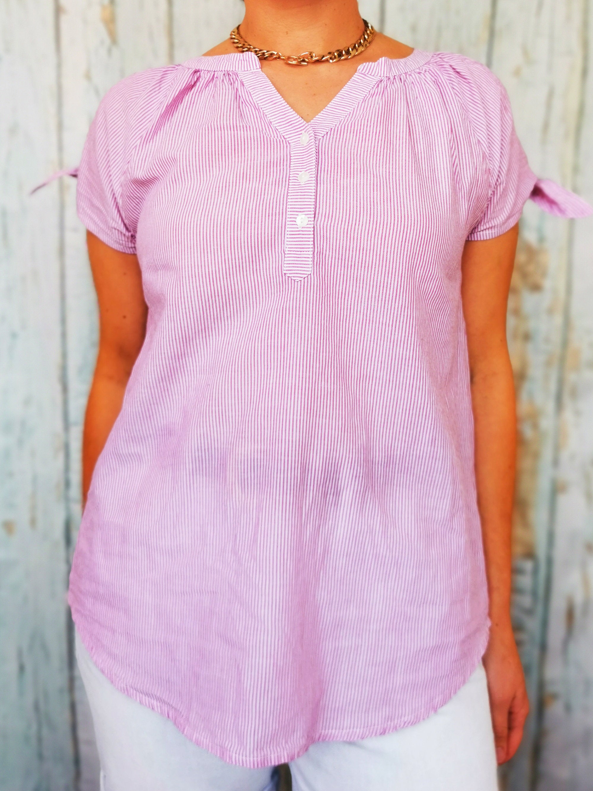 Vintage 90s minimalist tie sleeve pink striped summer top