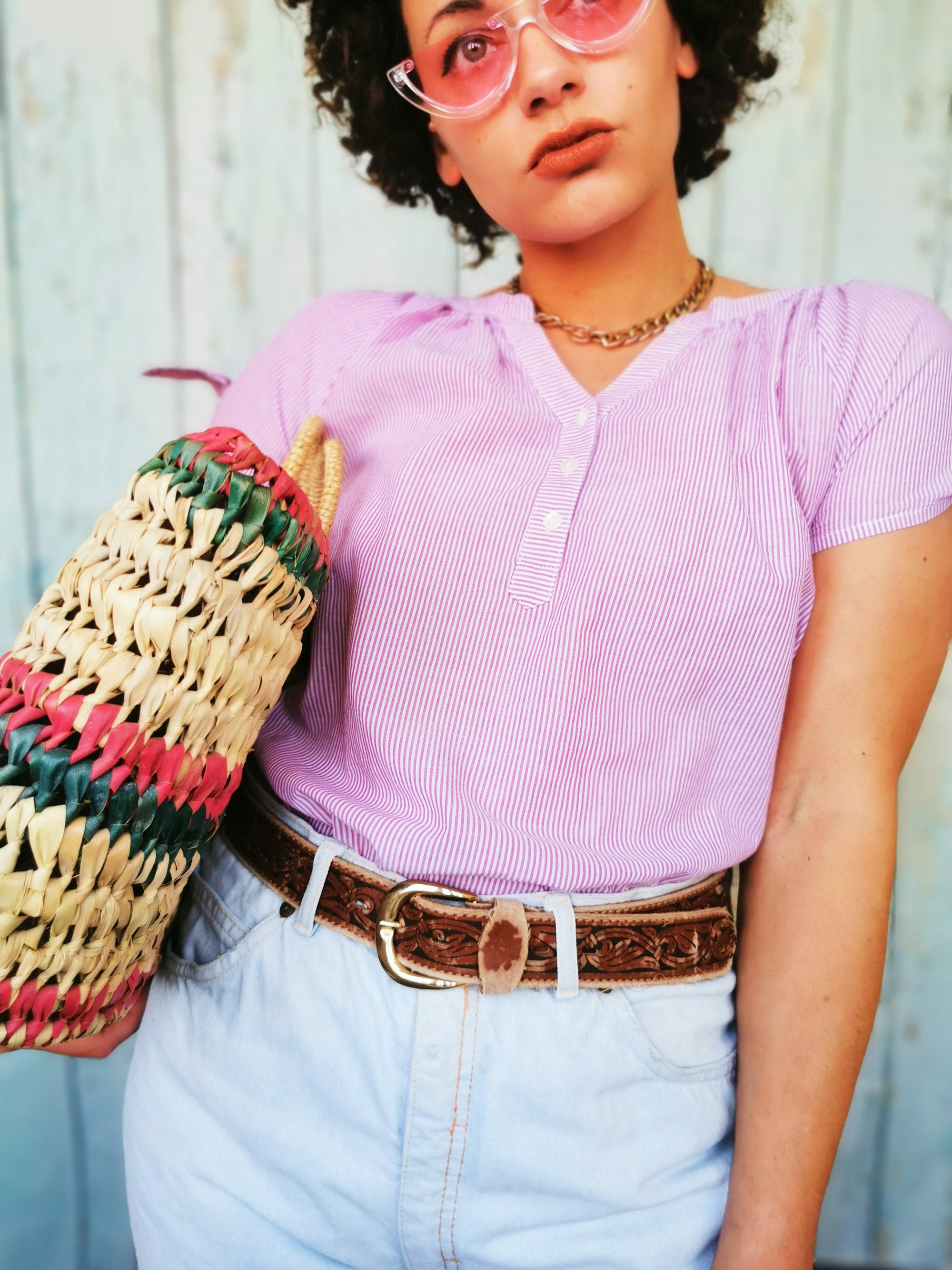 Vintage 90s minimalist tie sleeve pink striped summer top