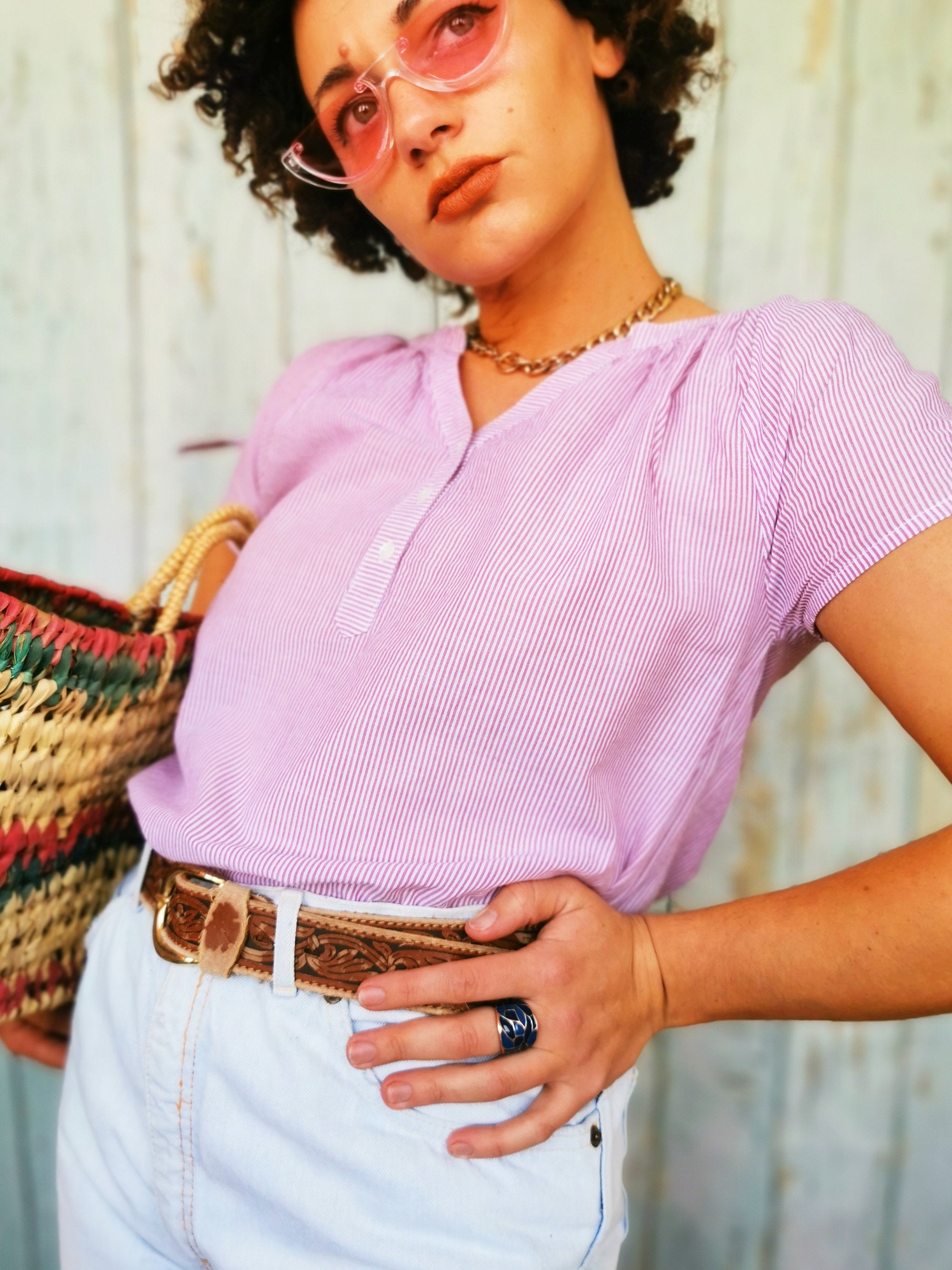 Vintage 90s minimalist tie sleeve pink striped summer top