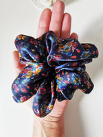 Load image into Gallery viewer, Handmade BIG navy blue floral 100% SILK hair scrunchy
