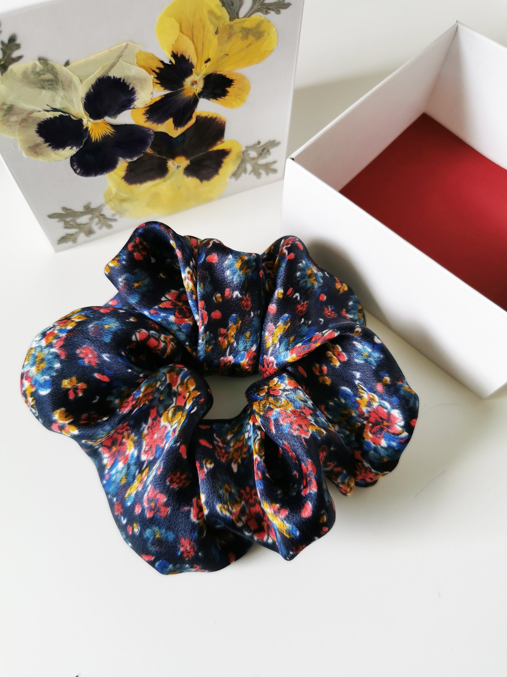 Handmade BIG navy blue floral 100% SILK hair scrunchy