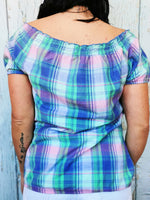 Load image into Gallery viewer, Vintage 90s pastel plaid off shoulder cotton top
