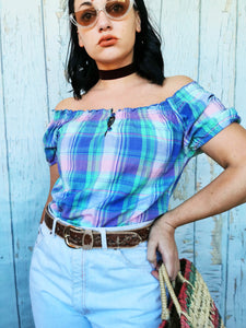 Vintage 90s pastel plaid off shoulder cotton top