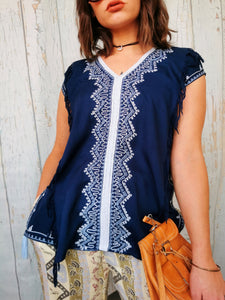 Vintage 90s Bohemian Folk print fringed top tunic blouse