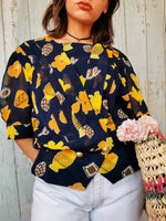 Load image into Gallery viewer, Vintage 80s chiffon puff sleeve navy blue blouse top
