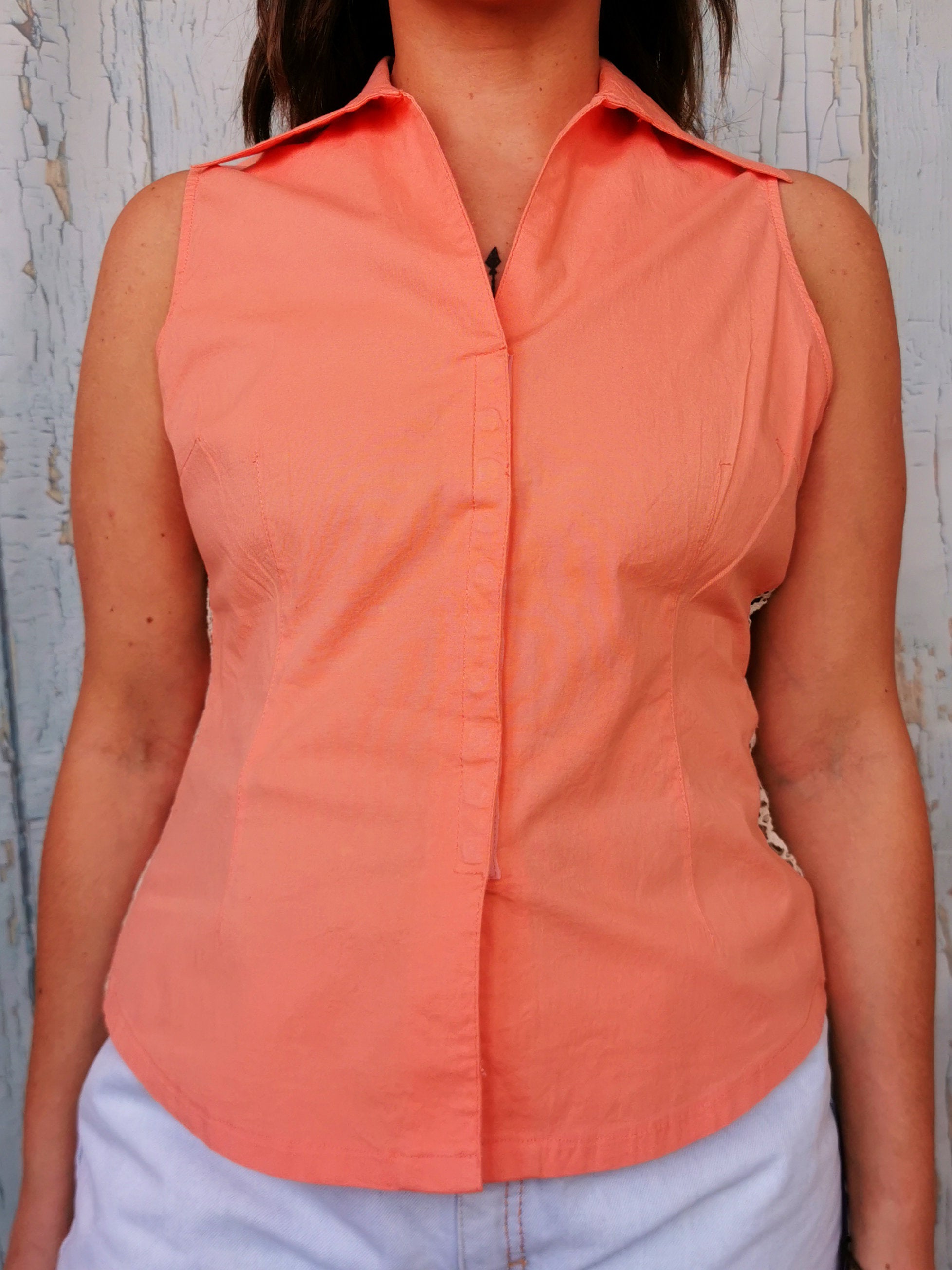 Vintage 80s minimalist peach pink pastel button blouse top