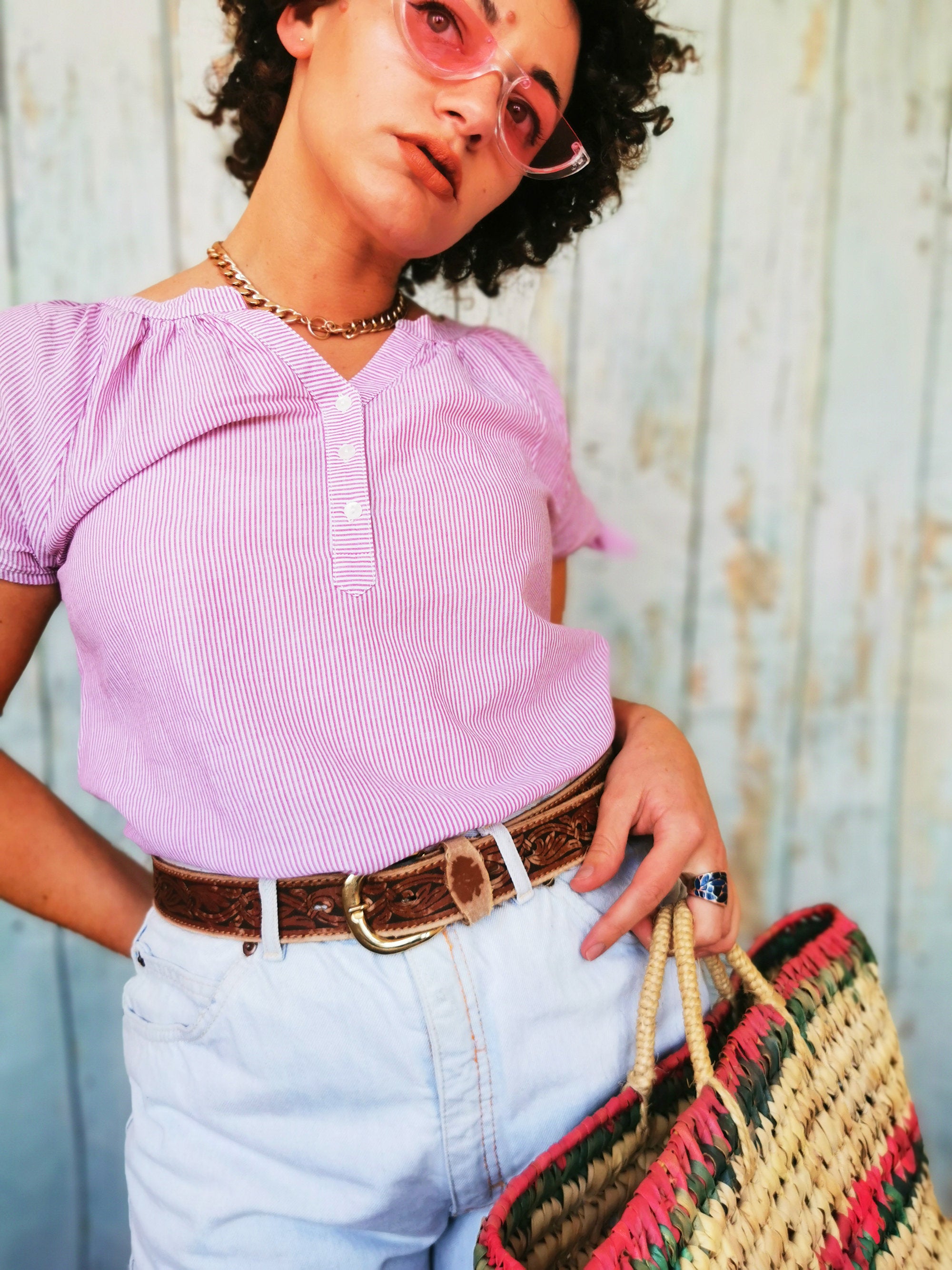 Vintage 90s minimalist tie sleeve pink striped summer top