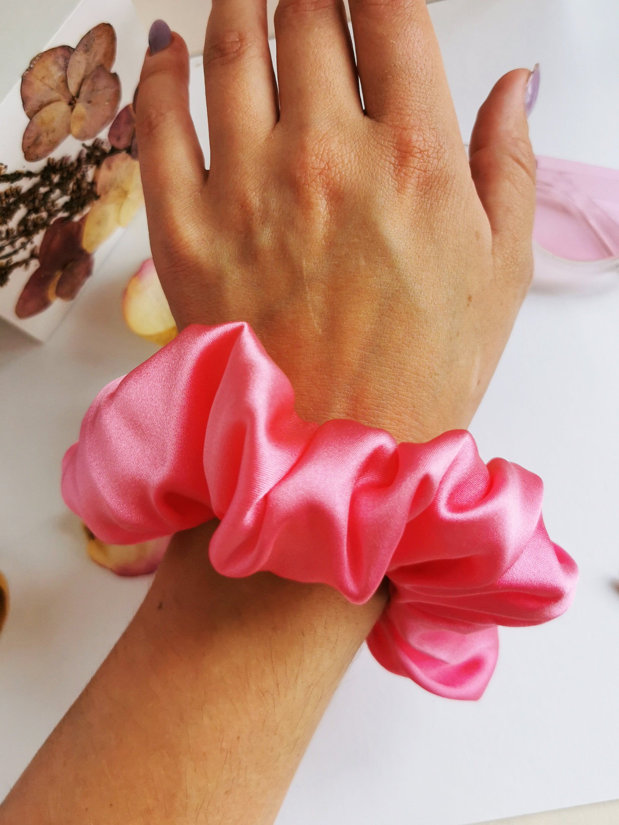 Handmade BIG fuchsia pink 100% SILK hair scrunchy