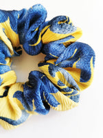 Load image into Gallery viewer, Handmade MEDIUM blue &amp; yellow floral 100% SILK hair scrunchy
