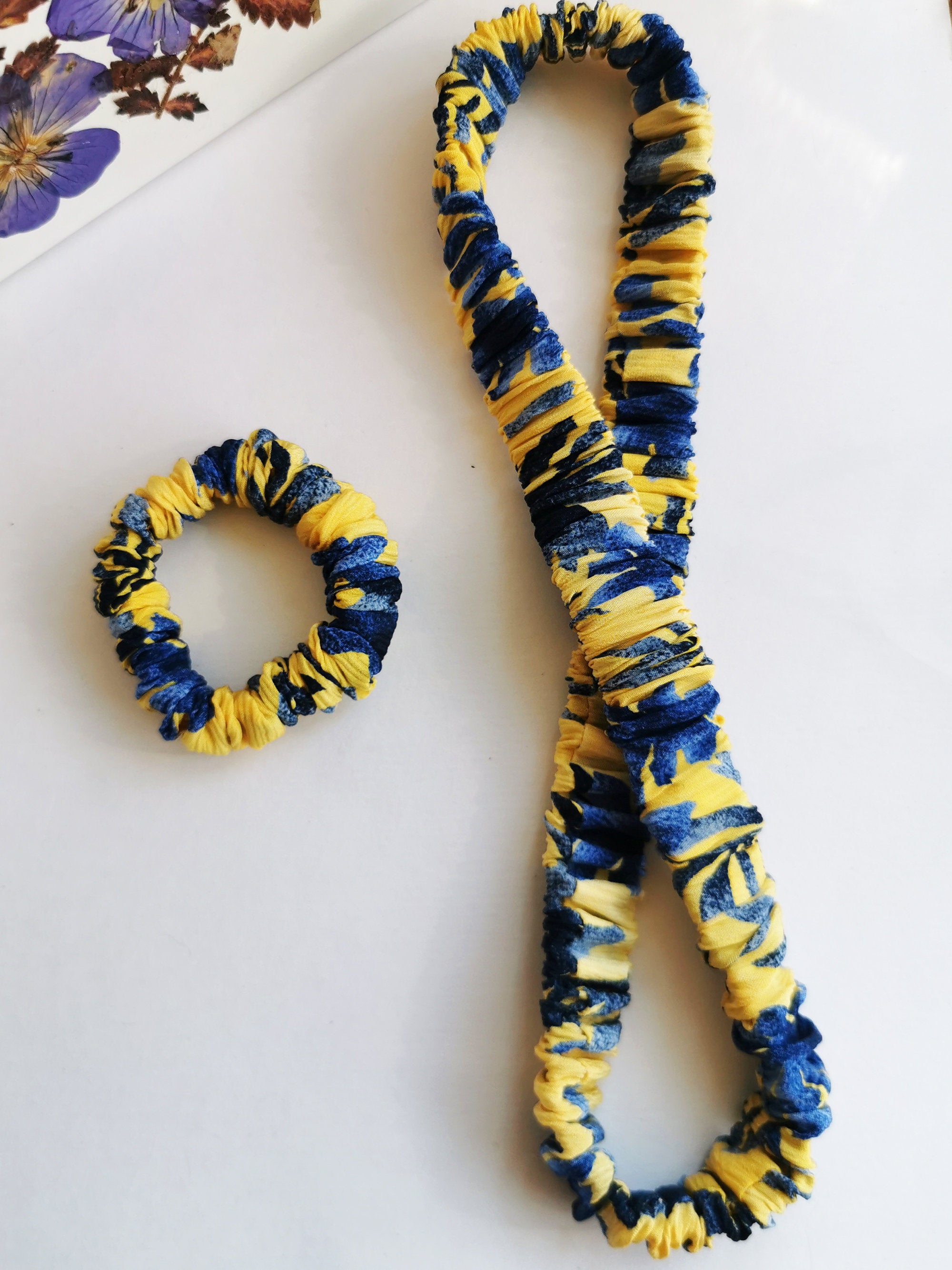 Handmade 2 pieces blue yellow floral hair scrunchy & Headband set