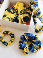 Load image into Gallery viewer, Handmade 4 pieces blue yellow floral hair scrunchies &amp; Headband set
