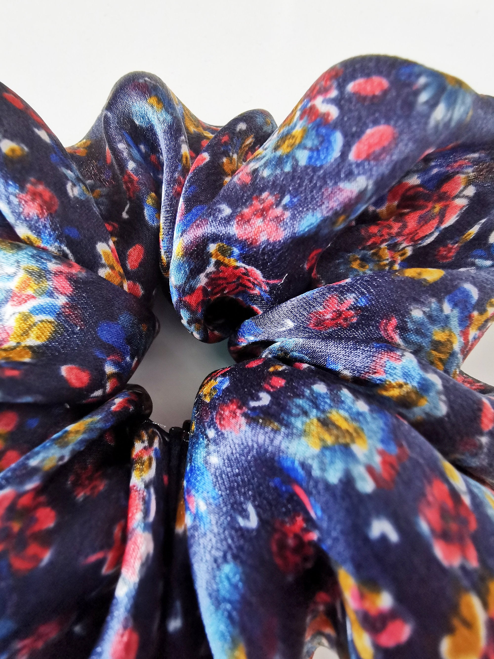 Handmade BIG navy blue floral 100% SILK hair scrunchy