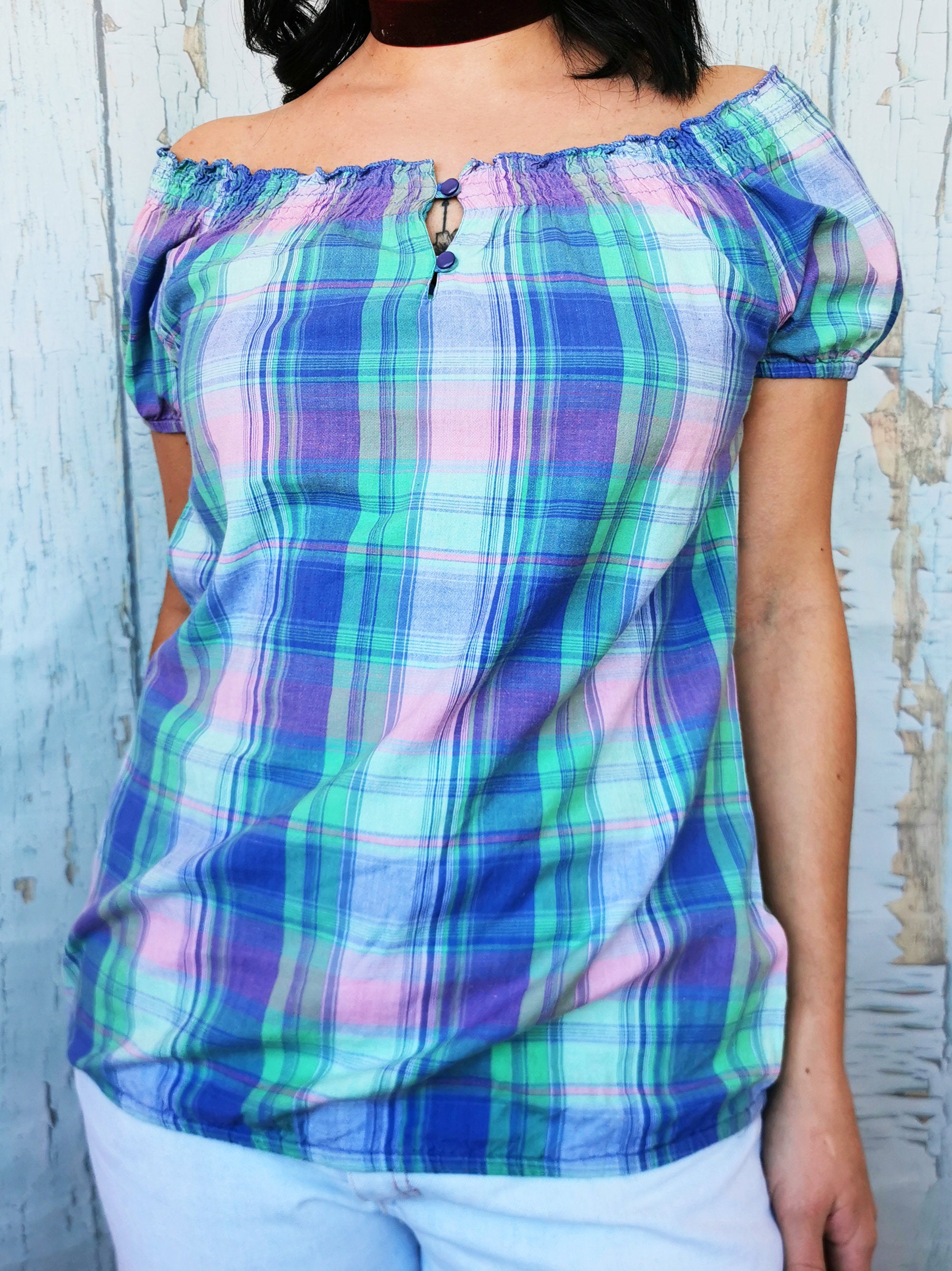 Vintage 90s pastel plaid off shoulder cotton top