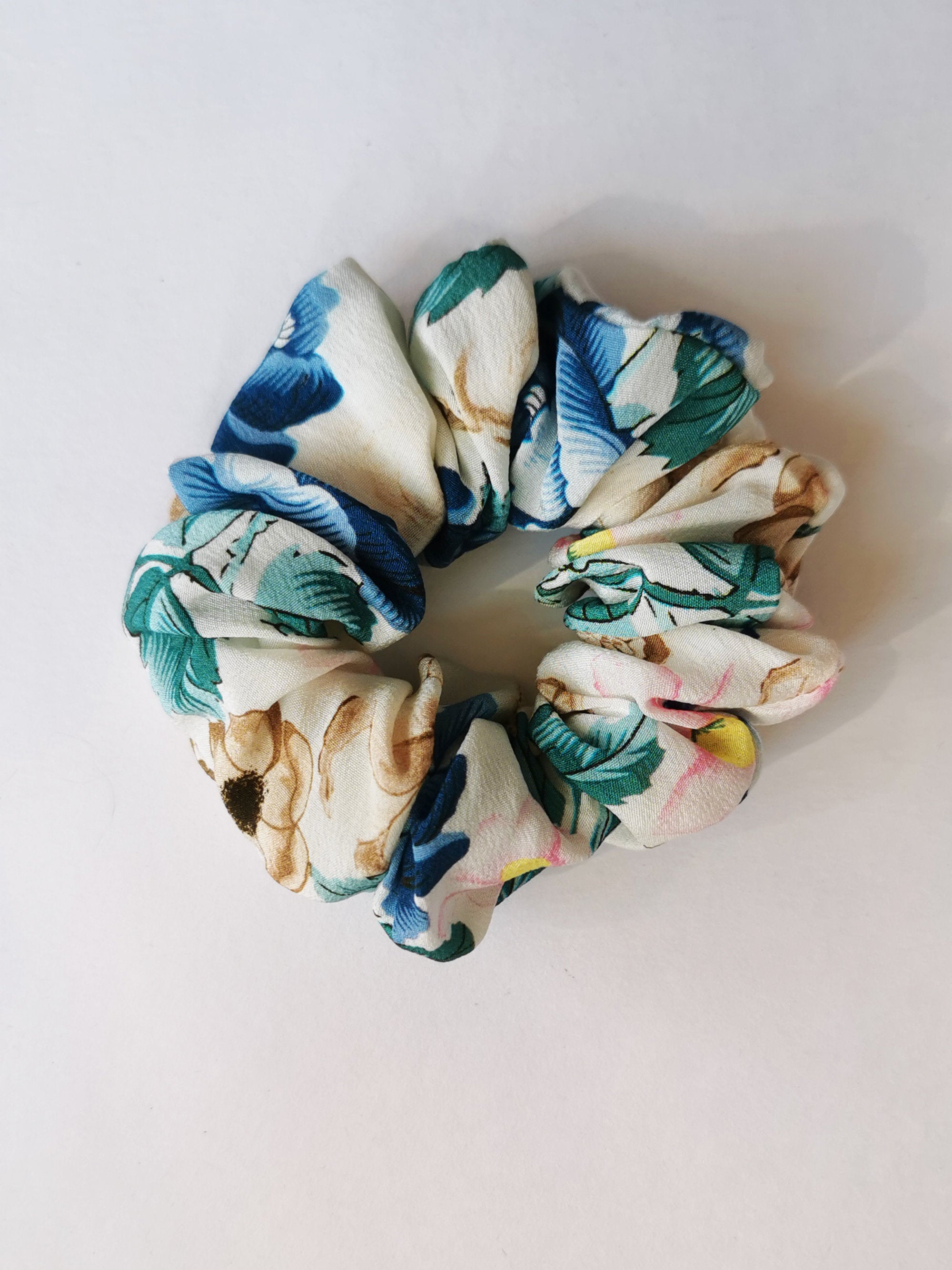 Handmade pastel white floral 100% SILK medium hair scrunchy