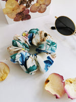 Load image into Gallery viewer, Handmade pastel white floral 100% SILK medium hair scrunchy
