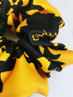 Load image into Gallery viewer, Handmade BIG Yellow black gold floral 100% SILK hair scrunchy
