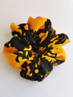 Load image into Gallery viewer, Handmade BIG Yellow black gold floral 100% SILK hair scrunchy
