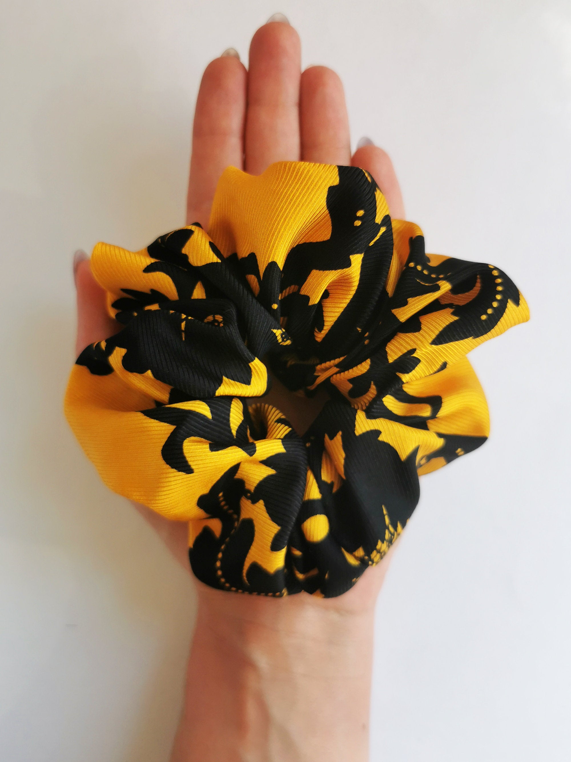 Handmade BIG Yellow black gold floral 100% SILK hair scrunchy